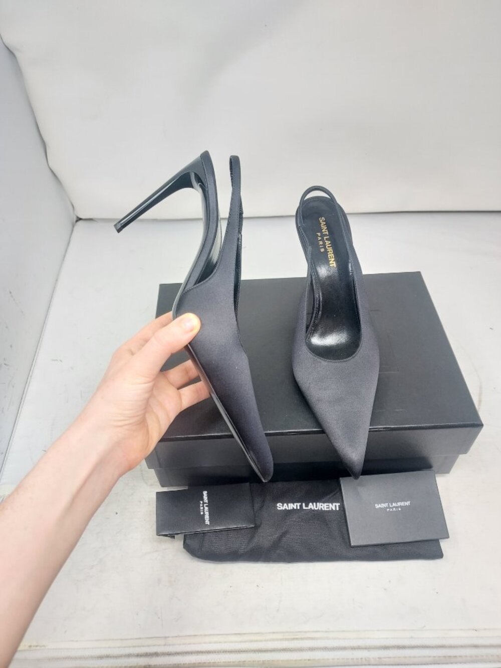 SAINT LAURENT YSL Black Kendall Silk Satin Slingback Pump